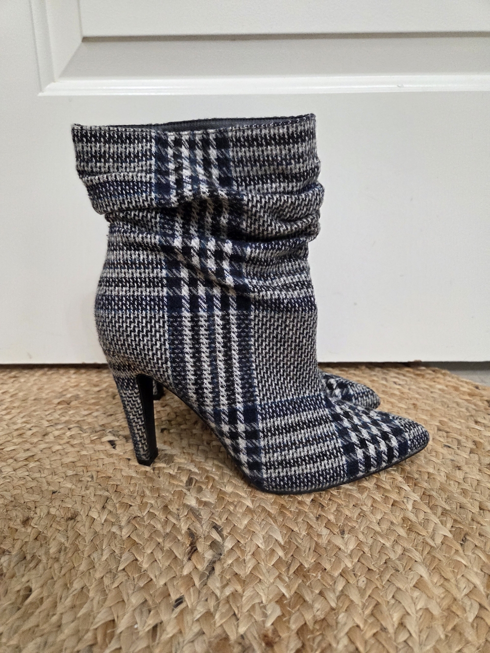 JustFab Black & White Plaid Pointed-Toe Stiletto Ankle Boots